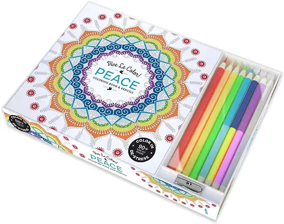 Vive Le Color! Peace: Adult Coloring Book This does not come with pencils! Coloring is calming—especially when you have all of the supplies at your fingertips! This highly giftable kit contains a 96-page adult coloring book, eight soft-leaded vibrant colo