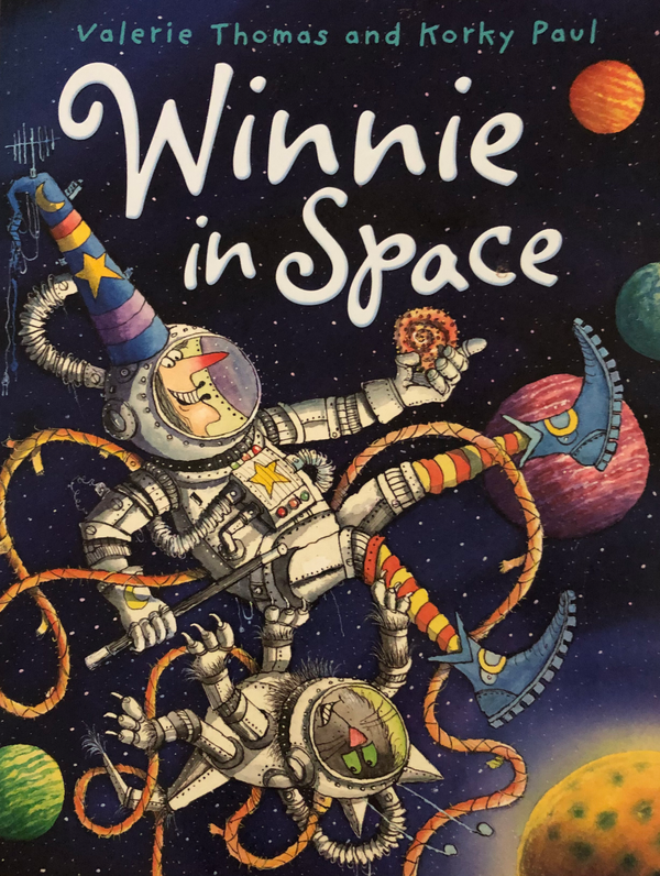 Winnie in Space Valerie Thomas and Korky PaulThree, two, one... whoosh!Winnie and Wilbur zoom into space! Dodging satellites and flying saucers, Winnie soon finds a lovely little planet for their picnic. But when some rather odd creatures decide to join t